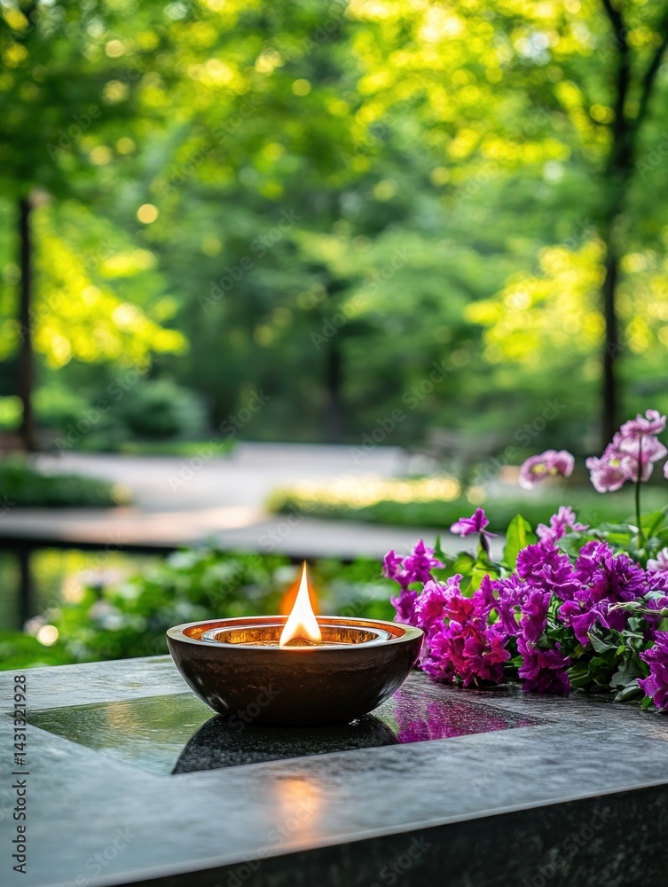 An eternal flame at a veterans memorial, with flowers and flags placed nearby.