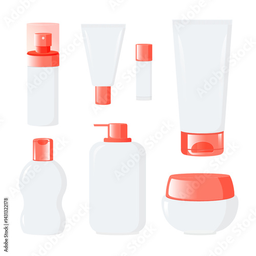 Set of blank empty cosmetic bottles, tubes, spray for cream, lotion, lip balm. Package beauty and skin care products. Vector isolated illustration.