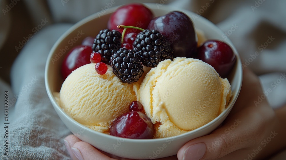 Fresh ice cream with seasonal berries and plums