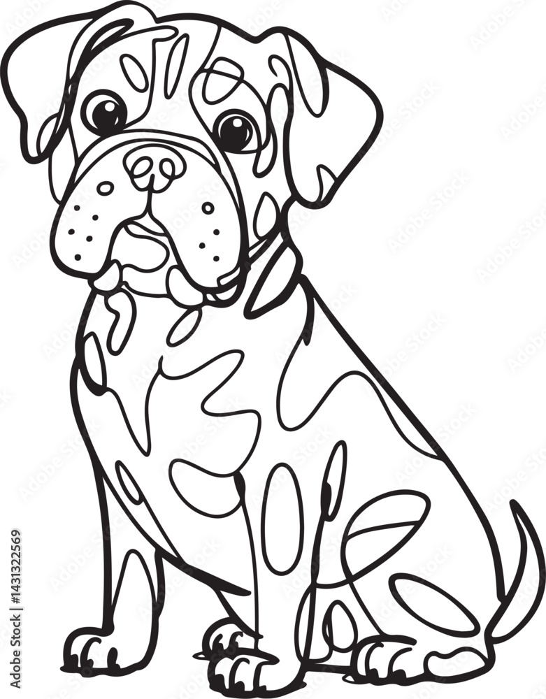 Fototapeta premium Stylized black and white cartoon dog illustrated in continuous line art with a playful pose and isolated on a clean white background in vector format