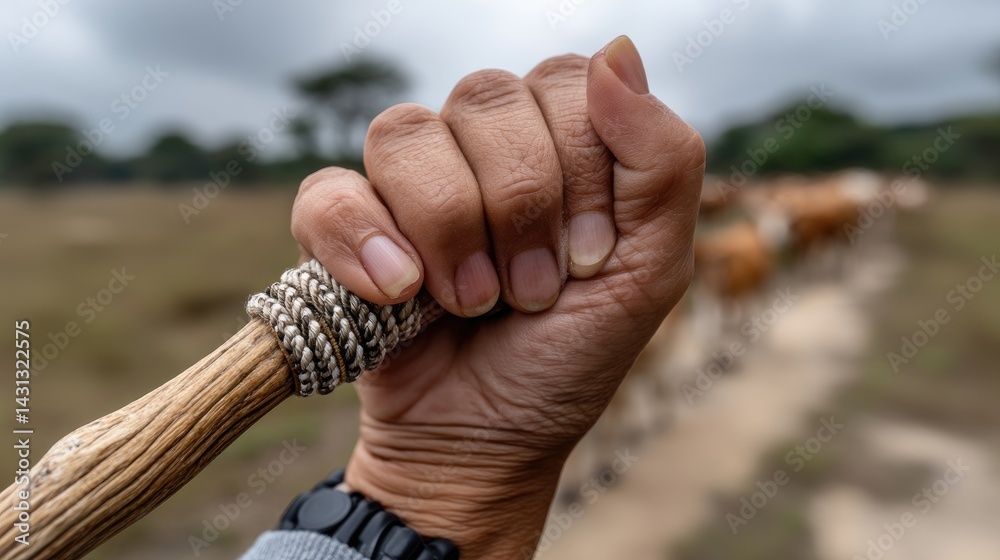 A young farmer holds a walking stick in a grassy field, overseeing a herd of brown cows grazing peacefully nearby