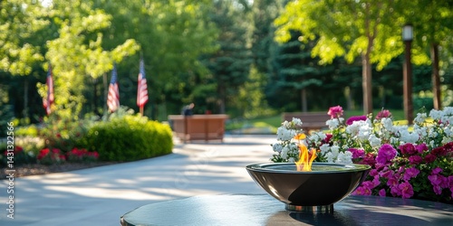 An eternal flame flickers at a veterans memorial, surrounded by flowers and flags symbolizing remembrance and honor