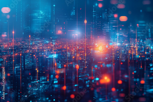 Wallpaper Mural Futuristic city skyline digital data streams glowing lights vibrant colors Torontodigital.ca