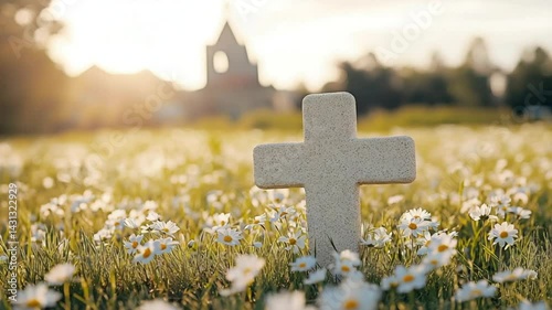 A simple stone cross rises above blooming daisies under a golden sunset with a blurred chapel afar. Concept of peaceful remembrance and everlasting hope.