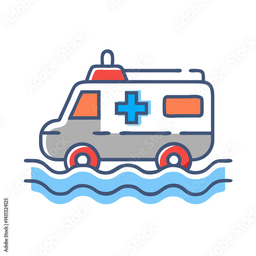 Flooded Ambulance: Emergency Vehicle Navigating Water in a Flood, Icon Style