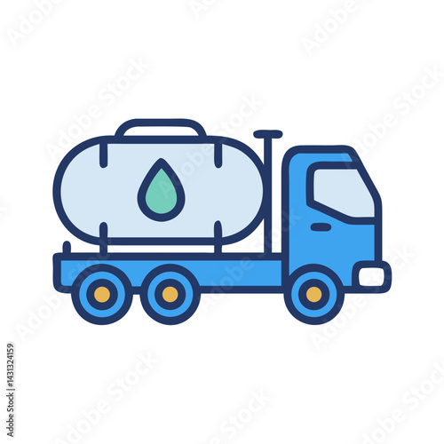 Blue Tanker Truck Icon Illustration with Water Drop Symbol on a Black Background