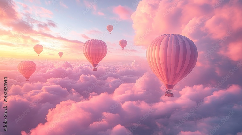 Obraz premium Pink Sky Hot Air Balloons Dreamy Flight Above Cloudscape