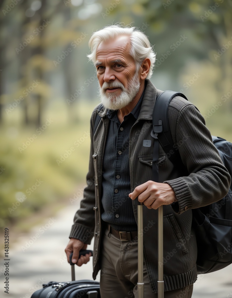 Fototapeta premium Senior Traveler with Luggage in Autumn Park Portrait of an Adventurous Older Man