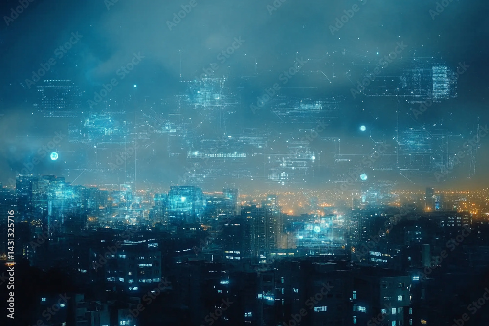 Naklejka premium Night city skyline with digital data overlay futuristic technology urban landscape