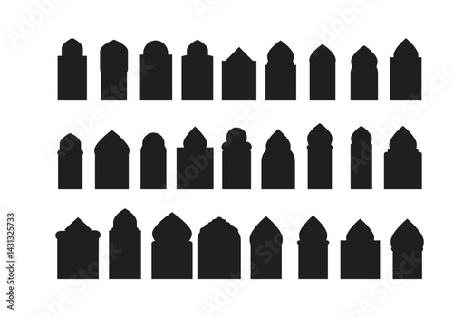  Modern Islamic vector door and window shape. Traditional Islamic arches hobo minimalist design, arabic geometric frames with mosque dome silhouette.
