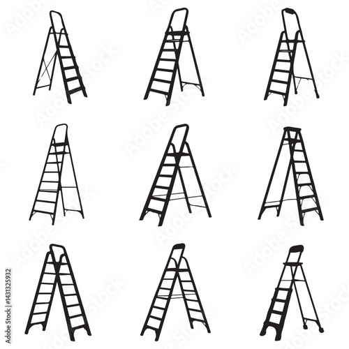 Collection of metal ladders. Different types of stepladders. Flat Vector Black silhouettes. with white background