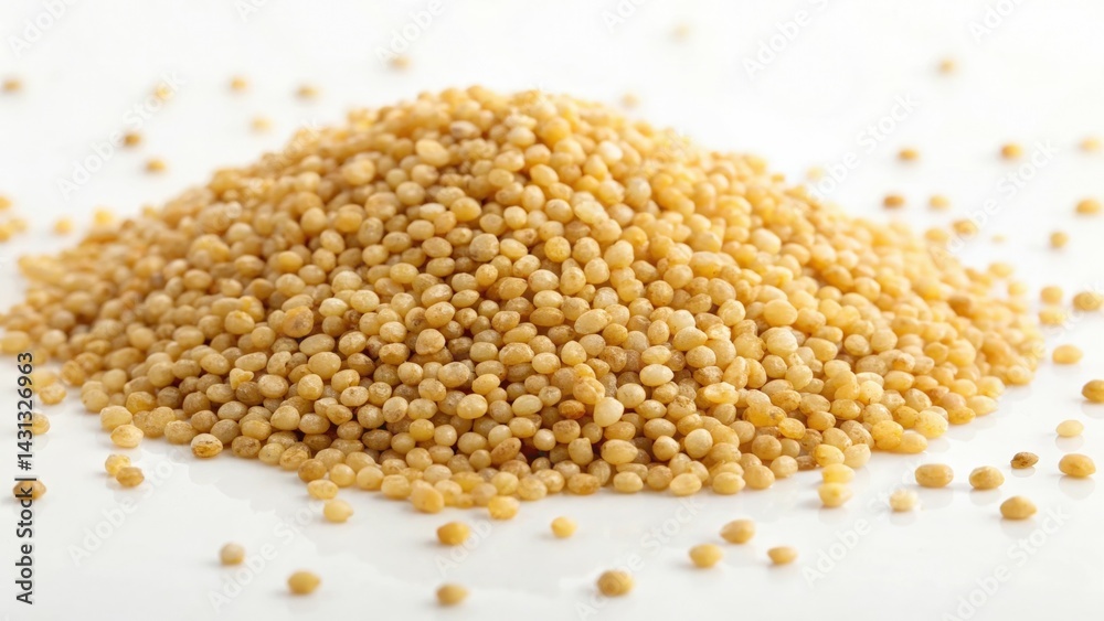 Millet grains in a vibrant display on a white background showcasing their texture and color Millet grains in a vibrant display on a white background showcasing their texture and color