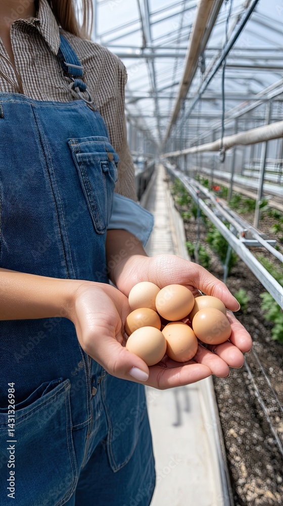 Female farmer's hands cradle fresh eggs outdoors, showcasing the bounty of a modern farm on a sunny day