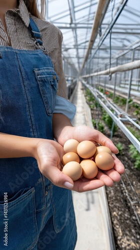 Obraz na płótnie Female farmer's hands cradle fresh eggs outdoors, showcasing the bounty of a modern farm on a sunny day w salonie