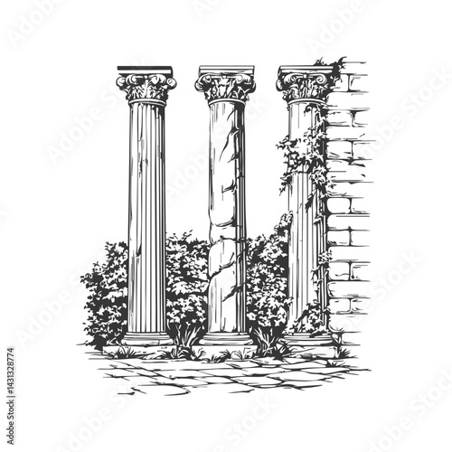 Ancient Greek Columns And Ivy Black And White Silhouette Illustration. Classical Architecture And Nature Harmony. Isolated Vector Illustration