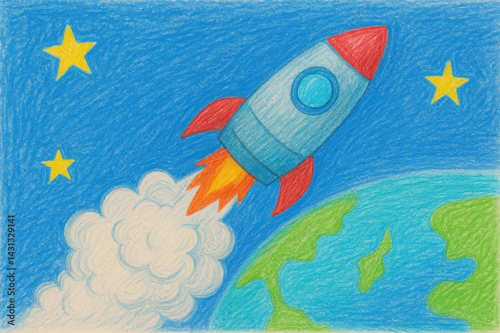 Naklejka premium Children's drawing of a rocket launching into space