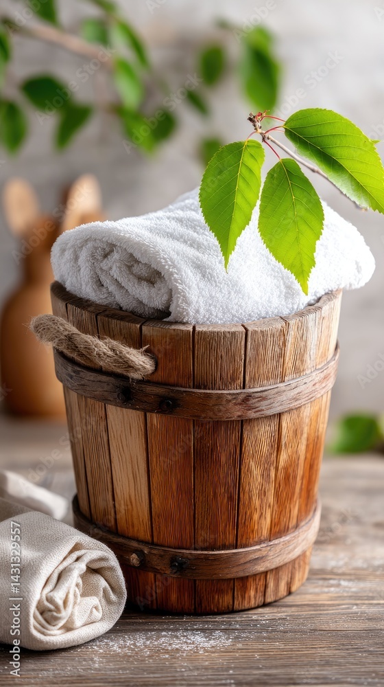 Wooden bucket filled with green birch leaves and a towel rests against a rustic brown wall in a traditional Russian bathhouse