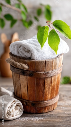 Obraz na płótnie Wooden bucket filled with green birch leaves and a towel rests against a rustic brown wall in a traditional Russian bathhouse w salonie