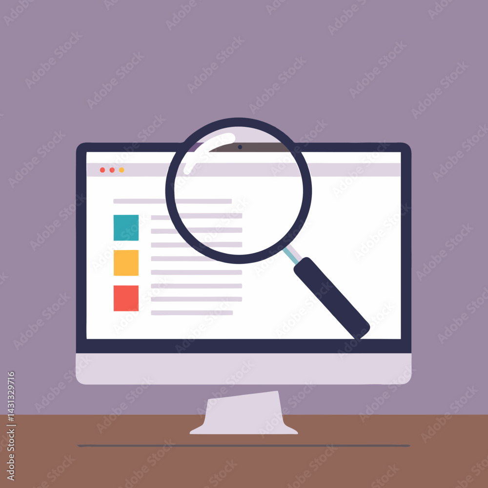 Magnifying Glass Examining Website on Computer Screen Flat Vector Illustration Magnifying Glass Examining Website on Computer Screen Flat Vector Illustration