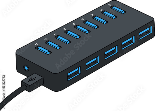 Black USB 3.0 Hub with Multiple Ports Flat Vector Illustration