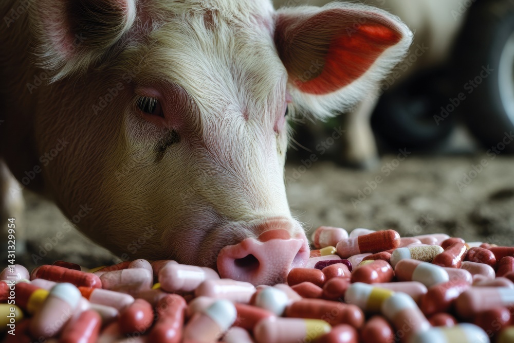 Pig eating pills highlighting concerns of antibiotics in agriculture