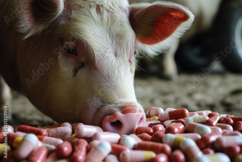 Obraz na płótnie Pig eating pills highlighting concerns of antibiotics in agriculture w salonie