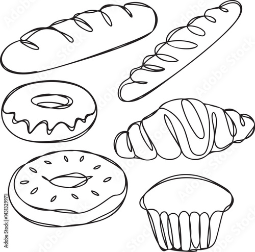 A clean black line art illustration of different bakery products like a croissant donut muffin bread and bagel drawn in continuous line style on white background