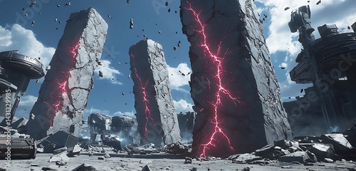 Gigantic Cracked Monoliths in a Futuristic Battlefield Pulsing with Crimson Quantum Veins