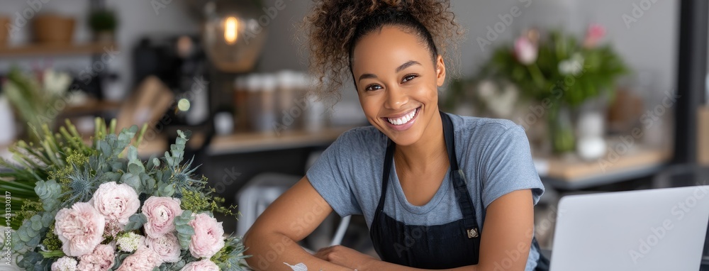 Young woman creates a beautiful bouquet using pink flowers and green leaves at her floral arrangement desk in a vibrant flower shop