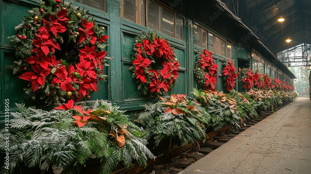 Naklejka premium Festive Christmas Wreaths Adorn Historic Train Station