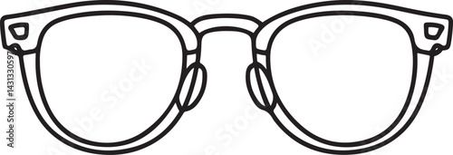 A clean continuous line art sketch of eyeglasses viewed from the front drawn in minimalist black linear style and placed on a plain white background vector style