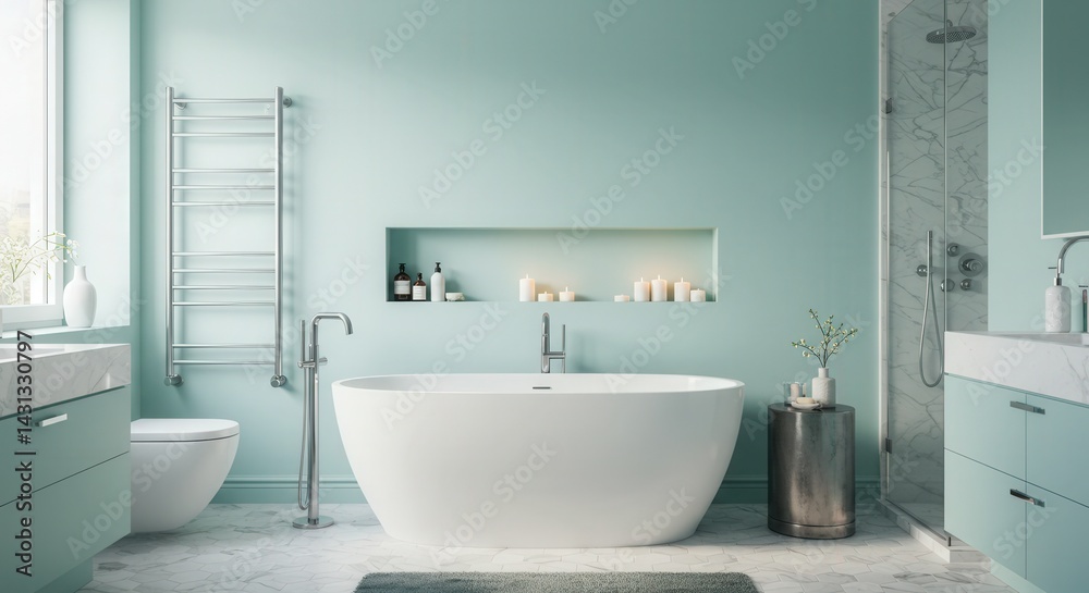 Fototapeta premium Bright Bathroom Interior with Bathtub and Modern Design