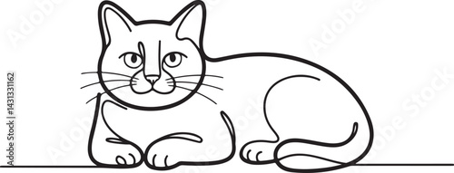 A relaxed cat illustration in black continuous line style showing the feline lounging with a calm and lazy expression rendered in minimal vector art on white