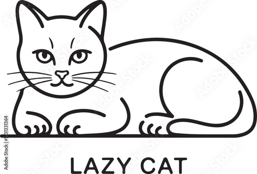 A serene black line art drawing of a relaxed cat laying down with a content gaze created in continuous line illustration style against a plain white backdrop
