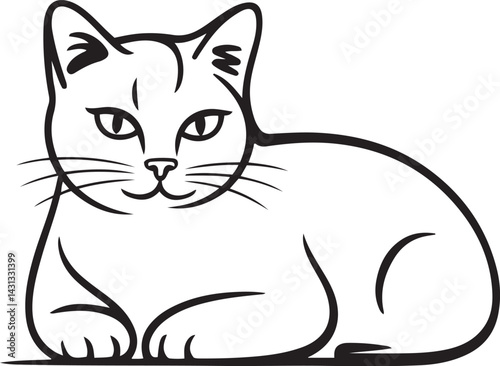 A calm and relaxed cat depicted in a continuous line art style lying peacefully and staring softly in minimalist black vector illustration on white background