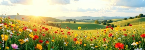 Magical colorful field. Meadow strewn with wild flowers.
