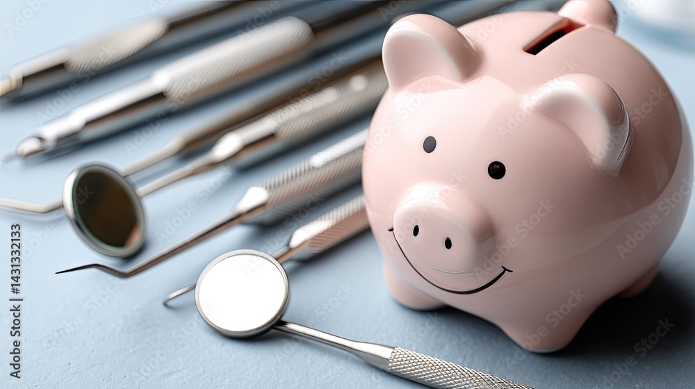 Dental tools surround a smiling piggy bank on blue, emphasizing the importance of saving for dental care