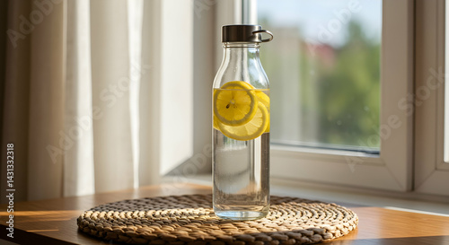 Refreshing Lemon Water in Reusable Bottle by Sunny Window Hydration Wellness Health Drink Summer Detox Citrus Vitamin C Natural