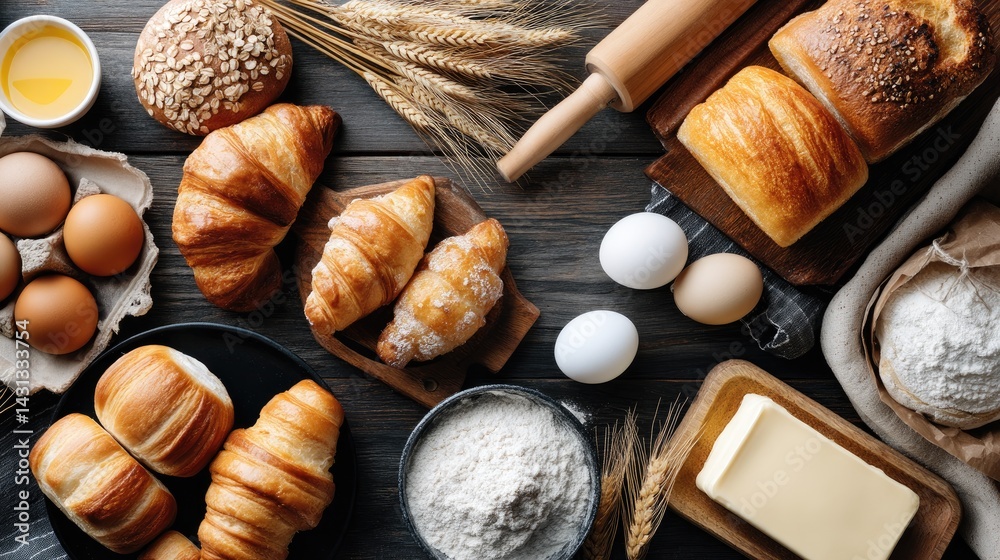 Assorted breads, rolls, and croissants paired with eggs, flour, and butter create a warm and inviting baking atmosphere