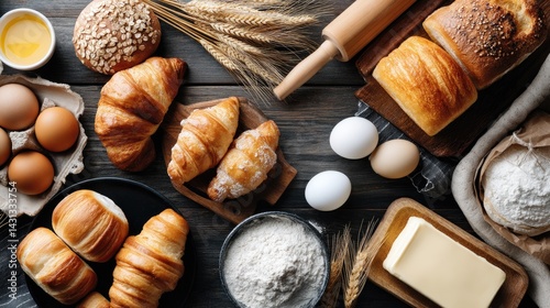 Assorted breads, rolls, and croissants paired with eggs, flour, and butter create a warm and inviting baking atmosphere