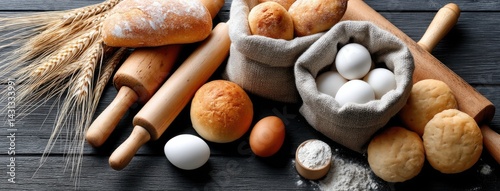 Assorted breads, rolls, and croissants paired with eggs, flour, and butter create a warm and inviting baking atmosphere