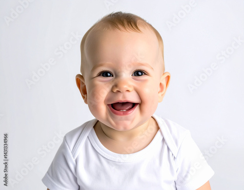 Retrato de un bebé mirando feliz y sonriente a su madre aislado en fondo blanco