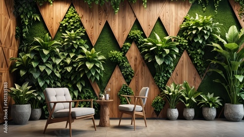 Modern interior with a geometric green moss wall, wooden accents, and two green chairs. Biophilic design, natural and contemporary space.
