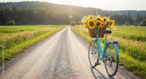 A turquoise bicycle with sunflowers in a basket on a dirt road in the countryside on a sunny day