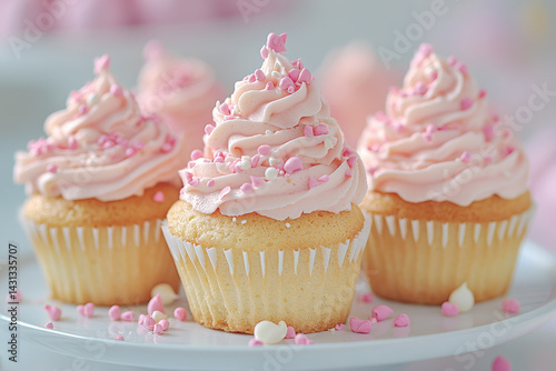 Delicious pink frosted cupcakes with heart sprinkles