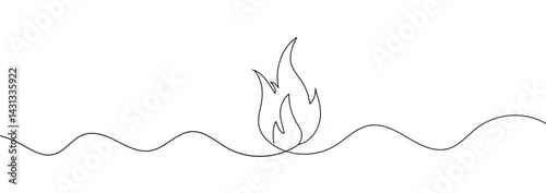 Fire one continuous line drawing. Abstract black and white minimal single line art, Flame in continuous one line drawing. Fire icon concept. EPS 10 .