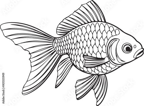 Veiltail goldfish illustrated in black continuous line art style swimming gracefully in a minimalistic linear form isolated on a white background with simple detail