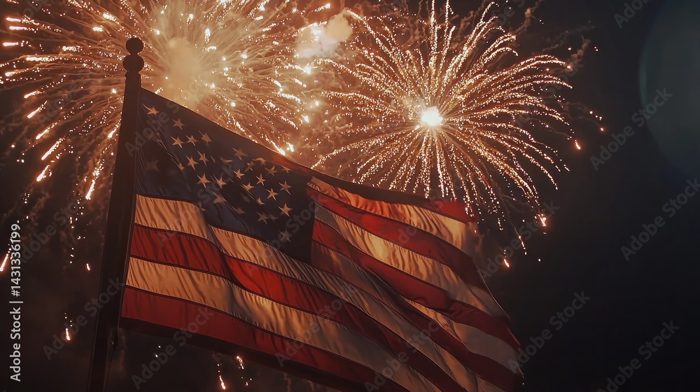 Fireworks bursting in the night sky above a waving American flag on the Fourth of July.
