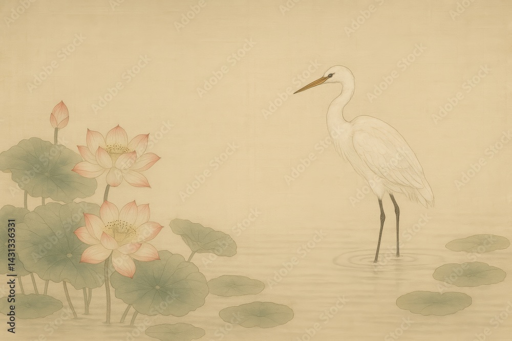Naklejka premium White heron standing in serene pond with lotus blossoms