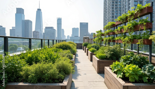 Rooftop garden urban greenery and edible plants growing under sunlight photo